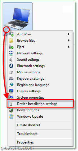 dans le menu contextuel de votre ordinateur Windows 7 et allez dans les paramètres d'installation du périphérique