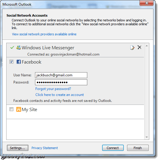 Anslut till Facebook i Outlook