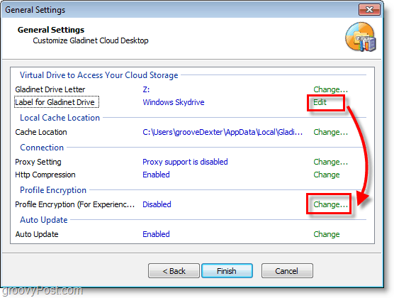 modifica etichetta per mount gladinet e aggiungi password