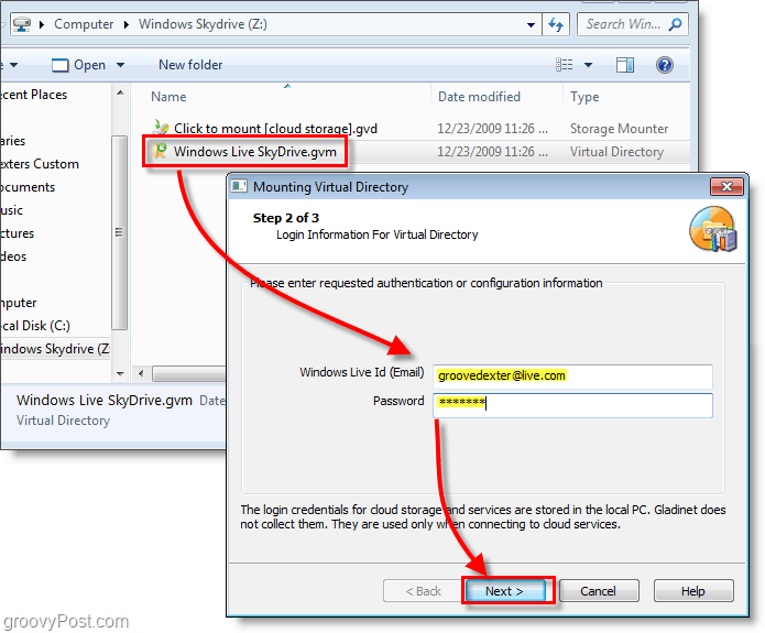 fai clic sul file Skydrive.gvm di Windows Live e inserisci il nome utente e la password di Live