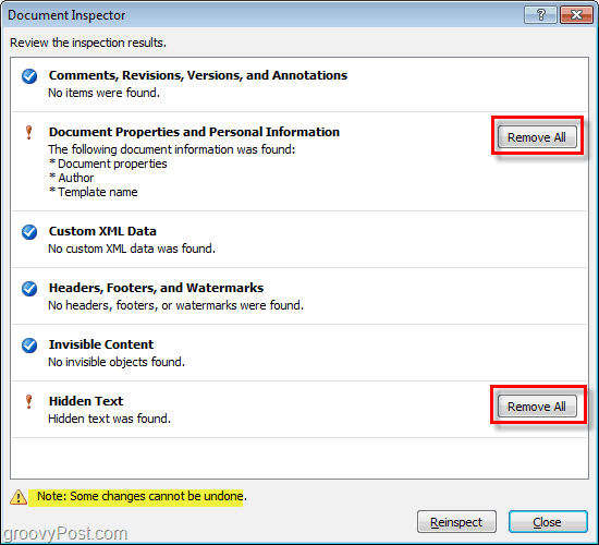 naudokite mygtuką pašalinti viską, kad pašalintumėte dokumentų ypatybes ir asmeninę informaciją bei paslėptą tekstą iš „Microsoft Office“ failų