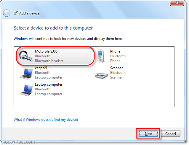 klepněte na vaše zařízení Bluetooth v Průvodci přidáním zařízení v systému Windows 7 a klepněte na tlačítko Další