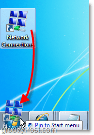 Windows 7에서 쉽게 액세스 할 수있는 바탕 화면에서 시작 메뉴로 바로 가기를 드래그하여 네트워크 연결