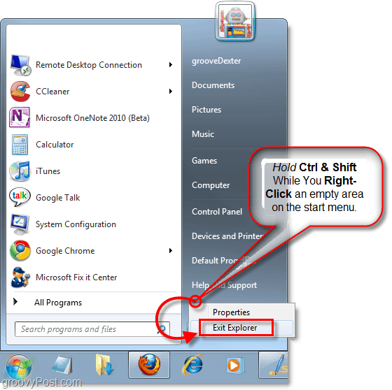 maintenez les touches et faites un clic droit sur le menu Démarrer pour quitter l'explorateur dans Windows 7