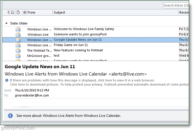 Capture d'écran de la vue de conversation Outlook 2010