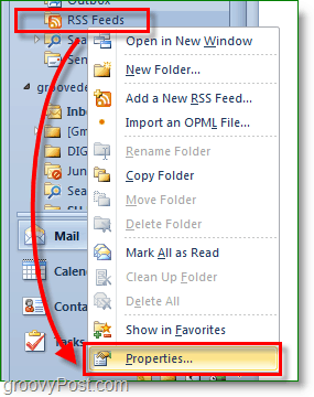 Outlook ו- Google Reader - עדכוני RSS> נכסים