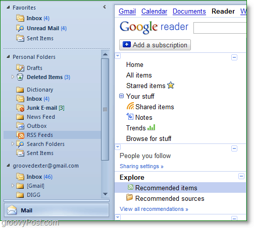 Outlook ו- Google Reader - באמצעות Google Reader בתוך Outlook