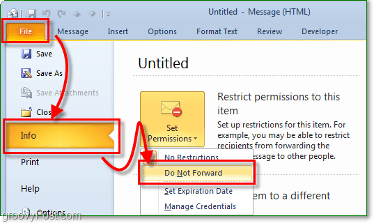 open vanuit een nieuw e-mailbericht de achtergrond onder het bestandsmenu en ga vervolgens naar het tabblad info en klik op machtigingen instellen en selecteer vervolgens niet doorsturen