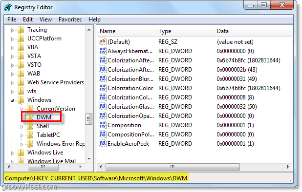 Windows 7でdwmレジストリキーを開きます