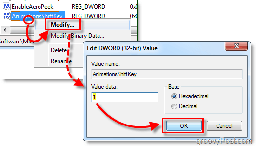 modificar los datos del valor dword