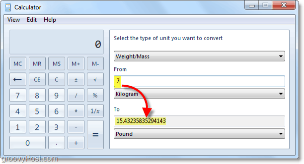การแปลงกิโลกรัมเป็นปอนด์โดยใช้ windows 7 calc