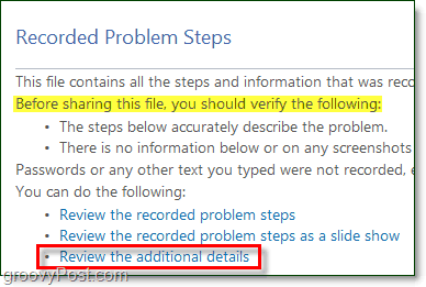 tilleggsdetaljer og lysbildefremvisning er tilgjengelig i Windows 7-opptaker for problemtrinn