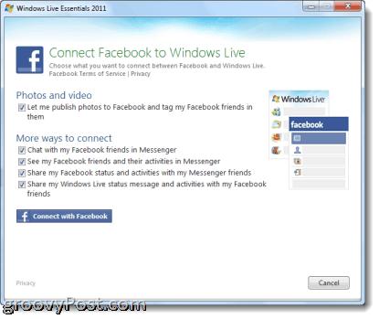 σύνδεση με το facebook με το Windows Live Photo Gallery 2011