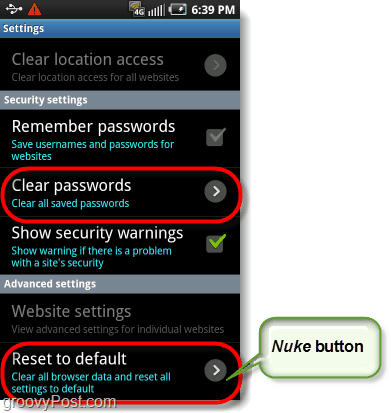 ปุ่ม nuke ของเบราว์เซอร์ android รีเซ็ตเป็นค่าเริ่มต้นจากโรงงานและล้างรหัสผ่าน