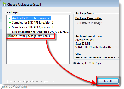 instalar o pacote de driver usb android