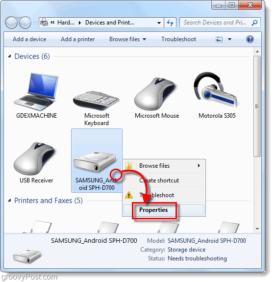 clique com o botão direito do mouse no seu telefone Android e clique em Propriedades em dispositivos