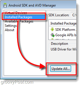 obnoviť dostupné balíčky pre Android, aktualizovať všetky