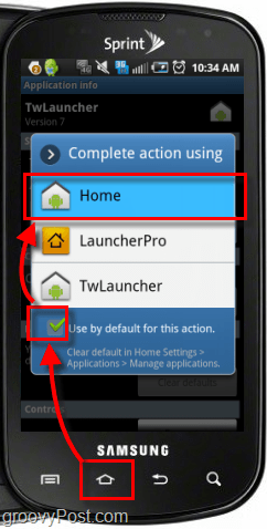 tryk på Hjem-knappen og indstil hjem som standardhandling