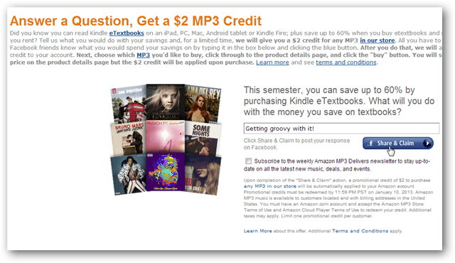 Obtenez un crédit MP3 Amazon de 2 $ pour un post Facebook