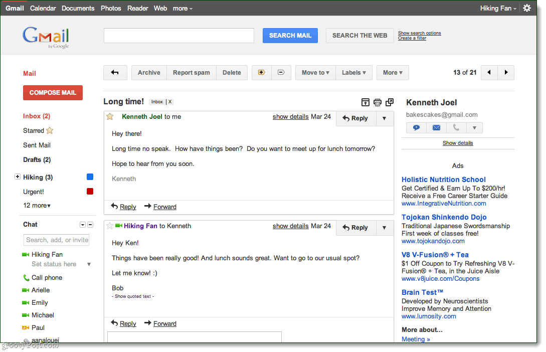 Voorbeeld van Gmail-gespreksthema