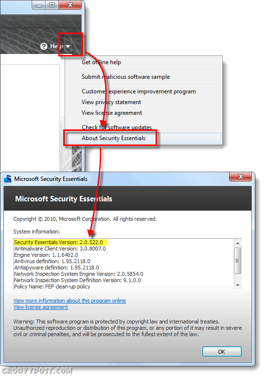 verifique qual versão do Microsoft Security Essentials você está executando