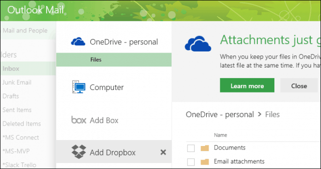 Outlook Mail Ajout de la prise en charge de Google Drive et de Facebook Photos