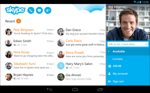 Android 용 Skype 4.4에 새로운 태블릿 모양 제공