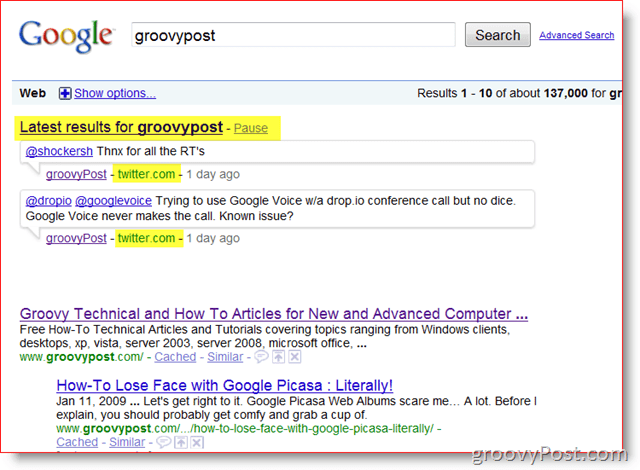 GroovyPost și Google Căutare în timp real GroovyPost și Google Căutare în timp real