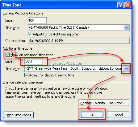 Ζώνη ώρας ημερολογίου του Microsoft Outlook