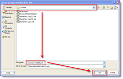 תן שם לקובץ ה- PST שלך, בחר נתיב ולחץ על OK :: groovyPost.com