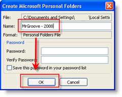 Piešķiriet savam .PST failam nosaukumu, atlasiet paroli un noklikšķiniet uz Labi attēls :: groovyPost.com