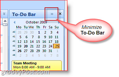 Outlook 2007 uzdevumu josla - minimizējiet