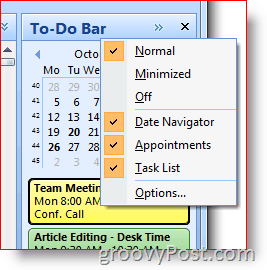Outlook 2007 uzdevumu josla - noklikšķiniet ar labo taustiņu, lai izvēlētos opcijas