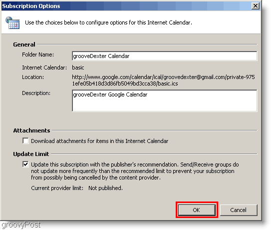 Captura de ecran a calendarului Outlook 2007 - Adăugați setările calendarului 2