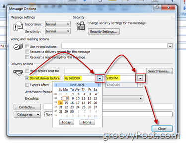 Boîte de dialogue Options de message Outlook Set Defer =