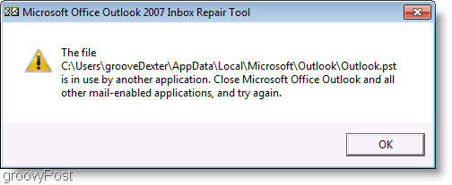 Skärmdump - Outlook 2007 ScanPST Repair Window Message