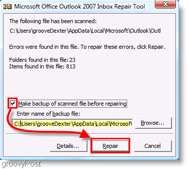 スクリーンショット-Outlook 2007 ScanPST修復メニュー