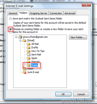 ตั้งค่าส่งโฟลเดอร์เมลสำหรับบัญชี iMAP ใน Outlook 2007 :: เลือกโฟลเดอร์ถังขยะ