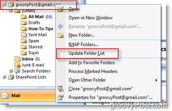 อัปเดตรายการโฟลเดอร์ iMAP GMAIL ในแถบเครื่องมือนำทาง Outlook 2007