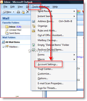 เปิดการตั้งค่าบัญชีใน Outlook 2007