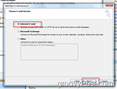 สร้างบัญชีจดหมายใหม่ใน Outlook 2007 :: ปุ่มตัวเลือกอีเมลทางอินเทอร์เน็ต