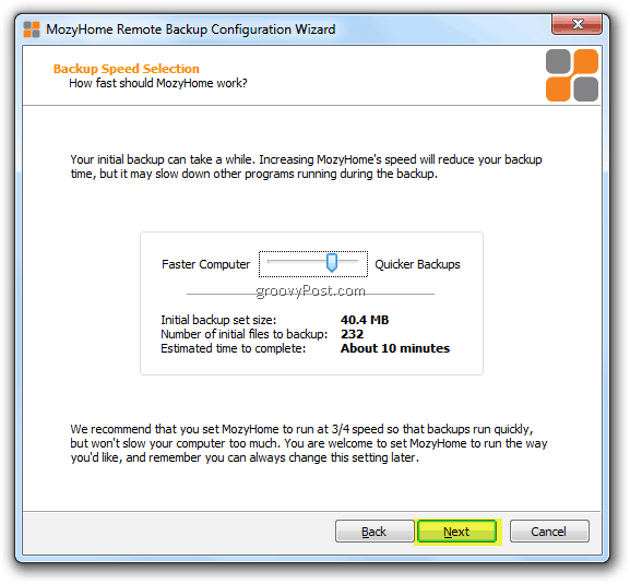 Mozy Backup Speed schuifregelaar Mozy Backup Speed schuifregelaar