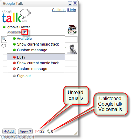 Google Talk-skärmdump - Ändra status och visa olästa e-post