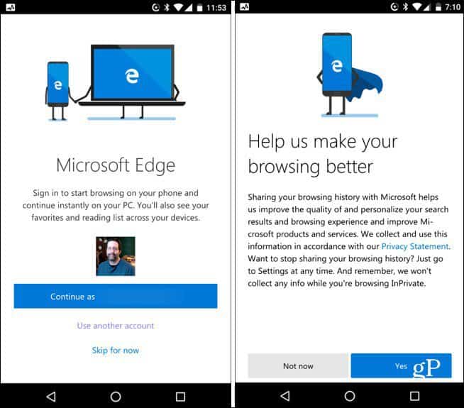 Účet Microsoft Edge pro Android