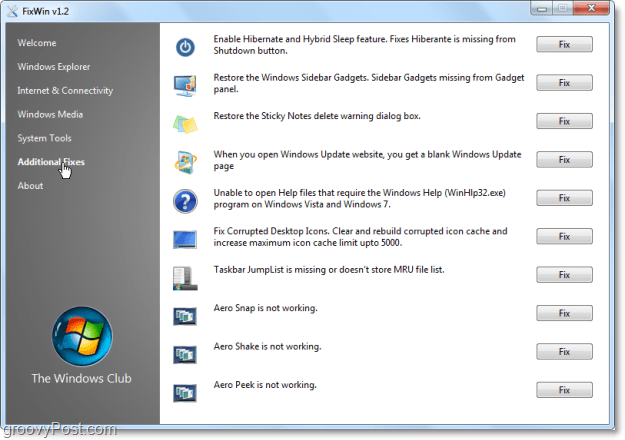 FixWin Ek Düzeltmeler ekran görüntüsü