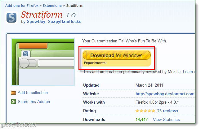 Page de téléchargement du module complémentaire Stratiform pour Firefox 4