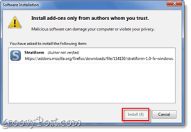 telepítse a kiegészítő megerősítő ablakot a Firefox 4-re