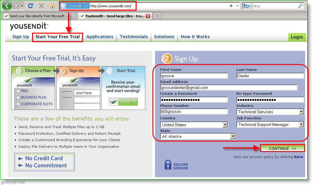 Processo di registrazione di YouSendIt