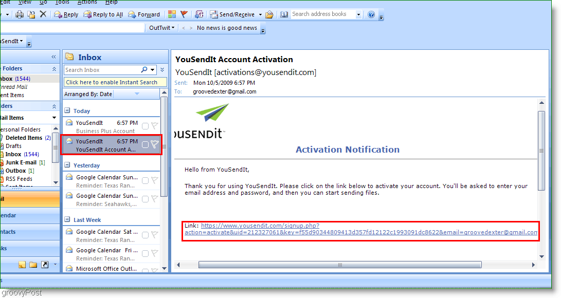 YouSendIt -aktivointilinkki Outlookissa