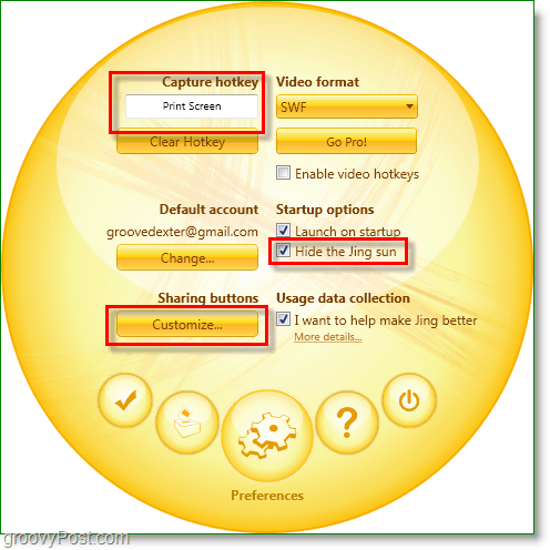 a janela de configurações do jing é simples e fácil de configurar, configure sua tecla de atalho de captura, oculte o jing sun e personalize seus botões de compartilhamento para adicionar mais serviços como o twitter e o flickr